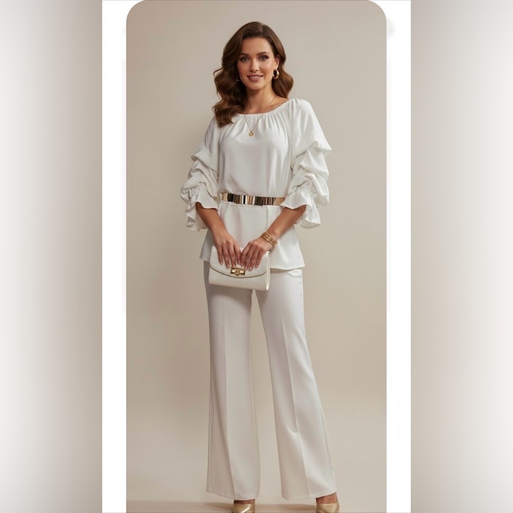 Te amo.   Blouse and pants set ,White Wide Leg High-Waisted Pants